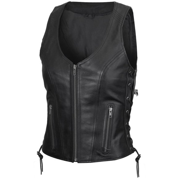 Women's Black Lace Side Zipper Pocket Premium Cowhide Leather Biker Vest - Picture 1 of 13